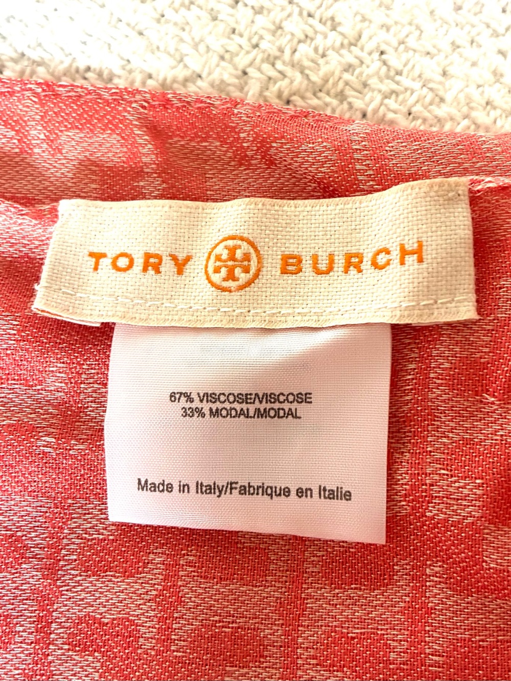 Tory Burch NWT Coral Logo Infinity Scarf Made in Italy Viscose Modal 65”